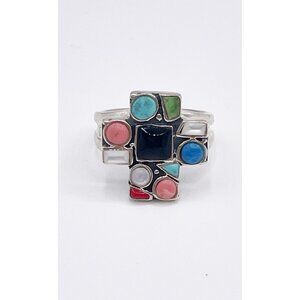 Vintage 925 Sterling Silver Multi Stone Cross Ring Turquoise Lapis Onyx SZ 7.75